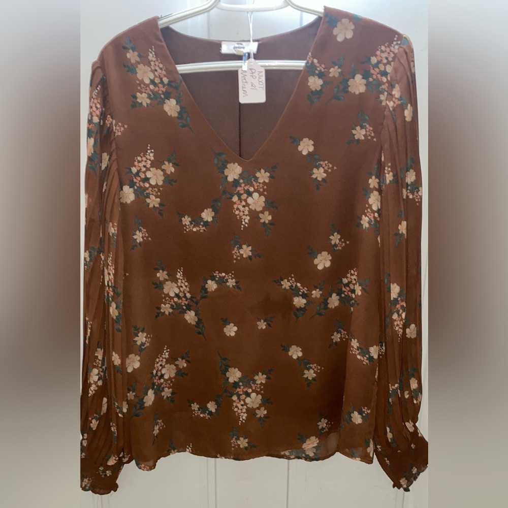 Entro Boho ptp:21 Relaxed Floral Brown Long Sleeve Blouse~Medium NWOT